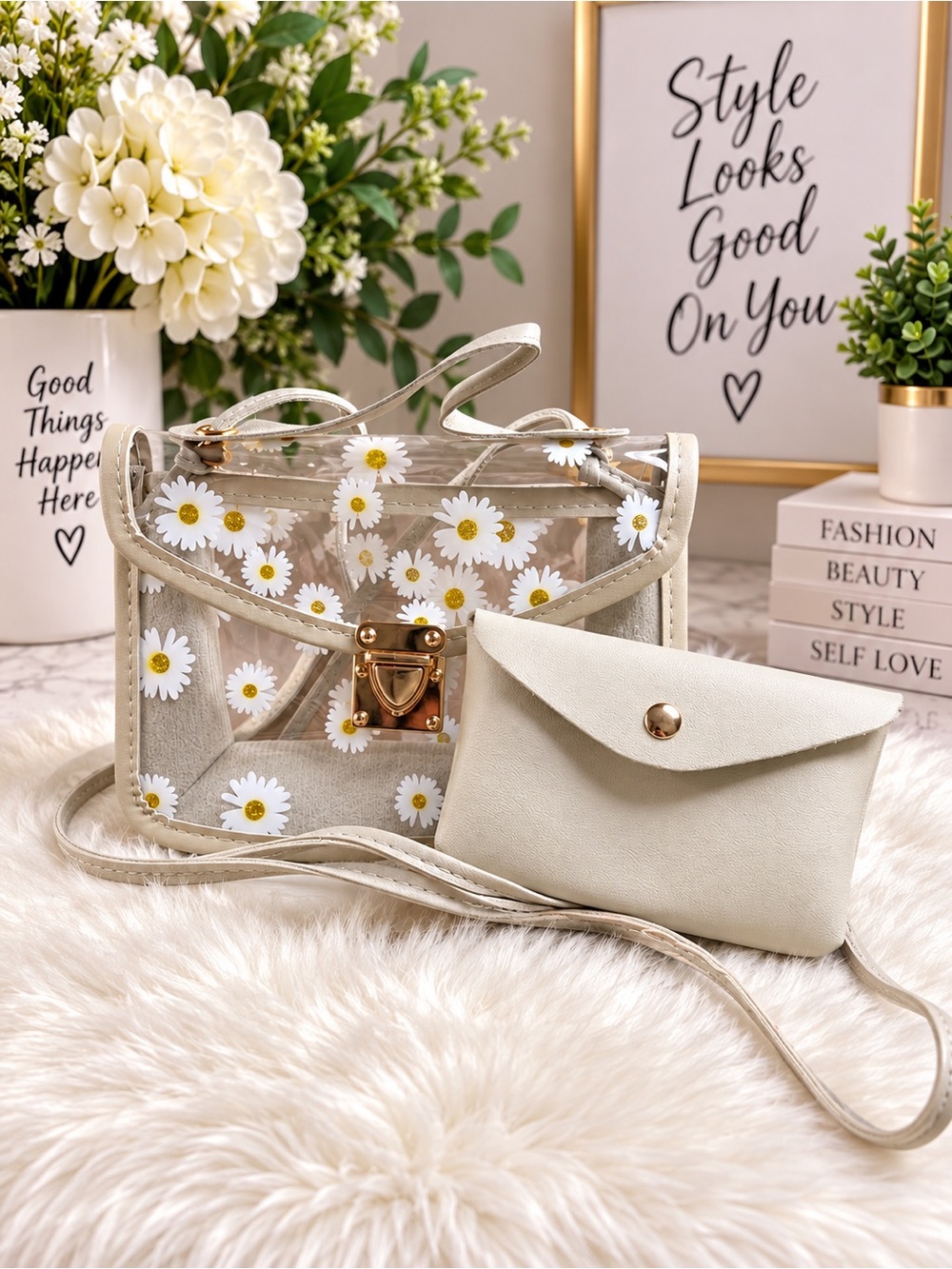 Clear Daisy Mini Crossbody/Shoulder Bag with Cream Pouch